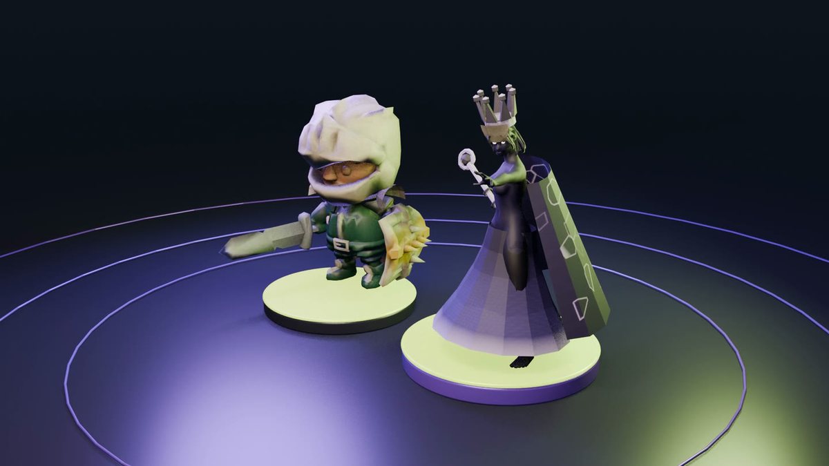 Two Archmage's Gambit miniatures, a helmeted knight and a crowned sorceress, on a glowing round stage