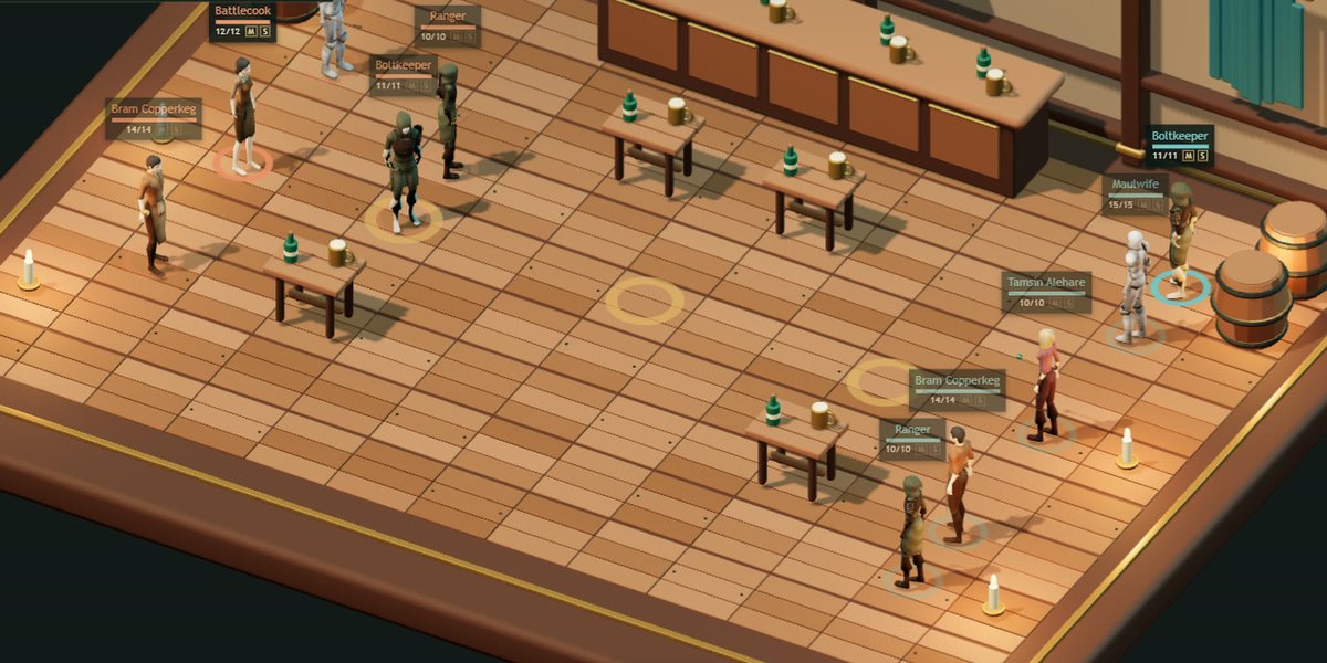 Belligerent Boozers: two teams of fantasy fighters squaring off across a candle-lit tavern floor