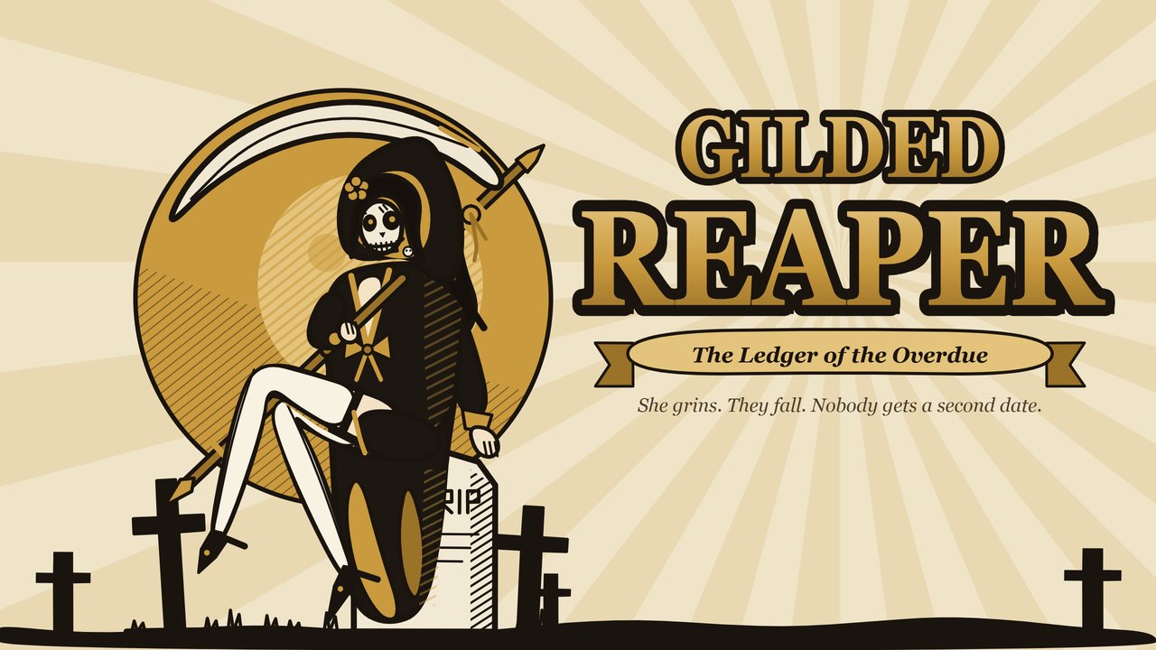 Gilded Reaper key art: a skull-faced reaper in a black hood perched on a gravestone before a golden moon