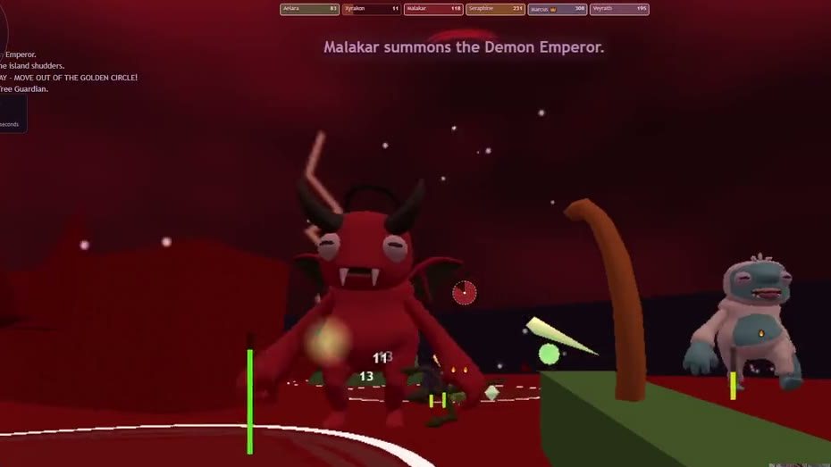 Hollow Crown: a horned red Demon Emperor summoned onto a crimson arena island