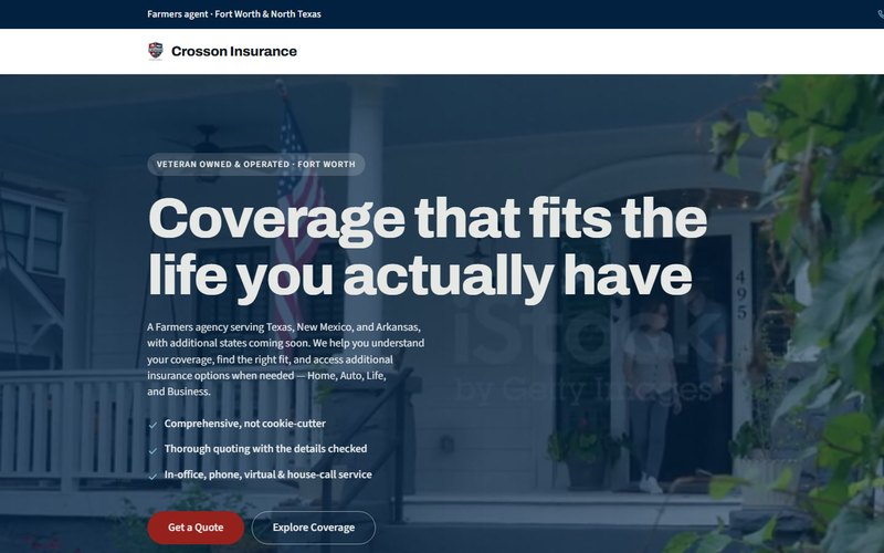 Crosson Insurance: 'Coverage that fits the life you actually have' over a front-porch hero