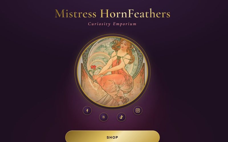 Mistress Hornfeathers Curiosity Emporium storefront design with a Mucha-style medallion