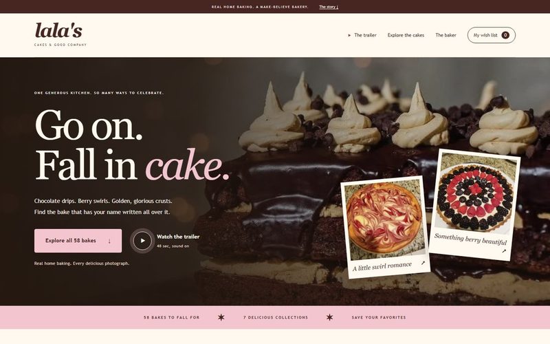Lala's Cakes homepage: 'Go on. Fall in cake.' over a chocolate cake, with polaroid bakes